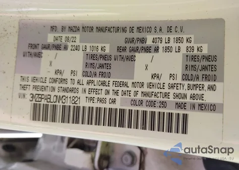 2022 Mazda Mazda3 Select из США, поврежденный, VIN 3MZBPABL0NM311821